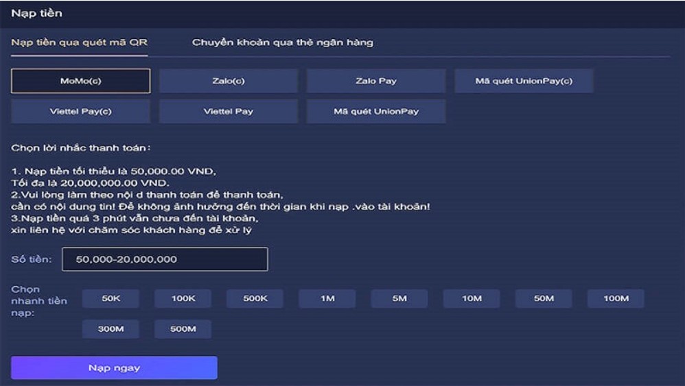 Nạp tiền qua ví MOMO